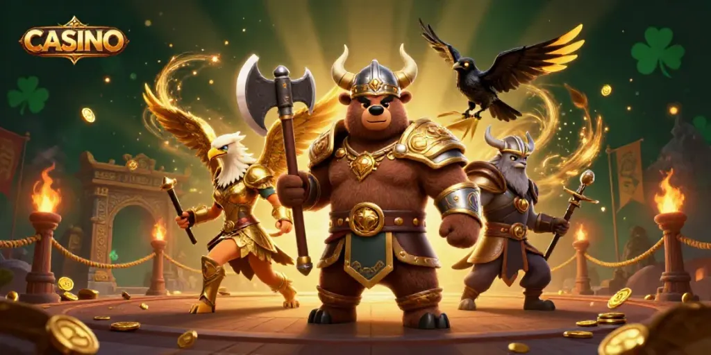 Engage in thrilling casino adventures with this vibrant, detailed illustration featuring a Viking bear and Valkyrie eagle.