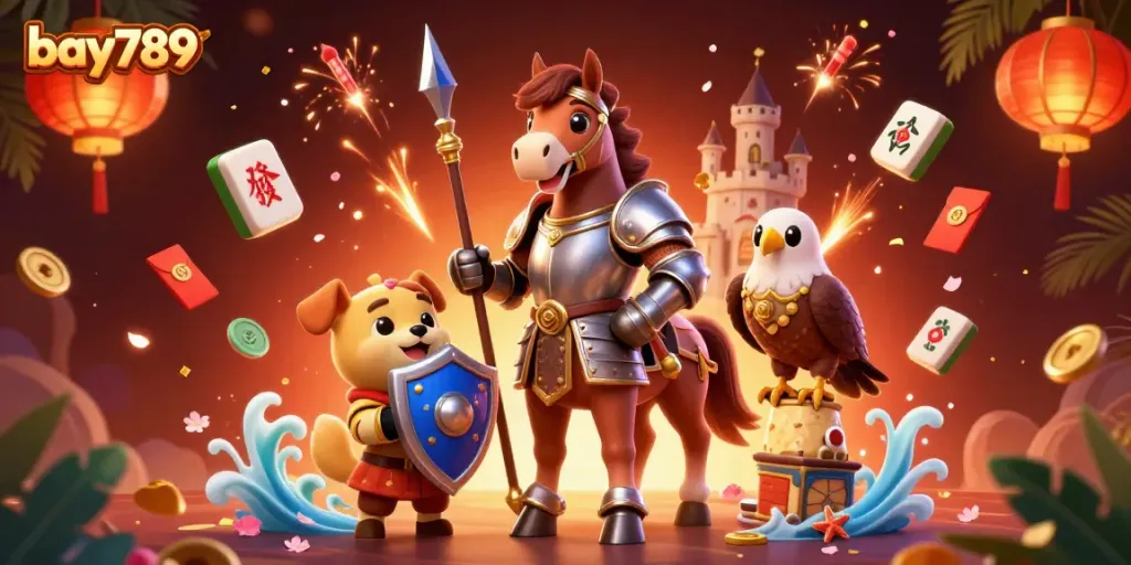 Engage with bay789's exciting games featuring knights and colorful casino elements in a vibrant scene.
