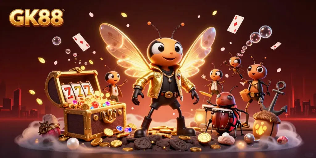 GK88 animated casino scene showcasing a cicada rock star and vibrant gambling elements.