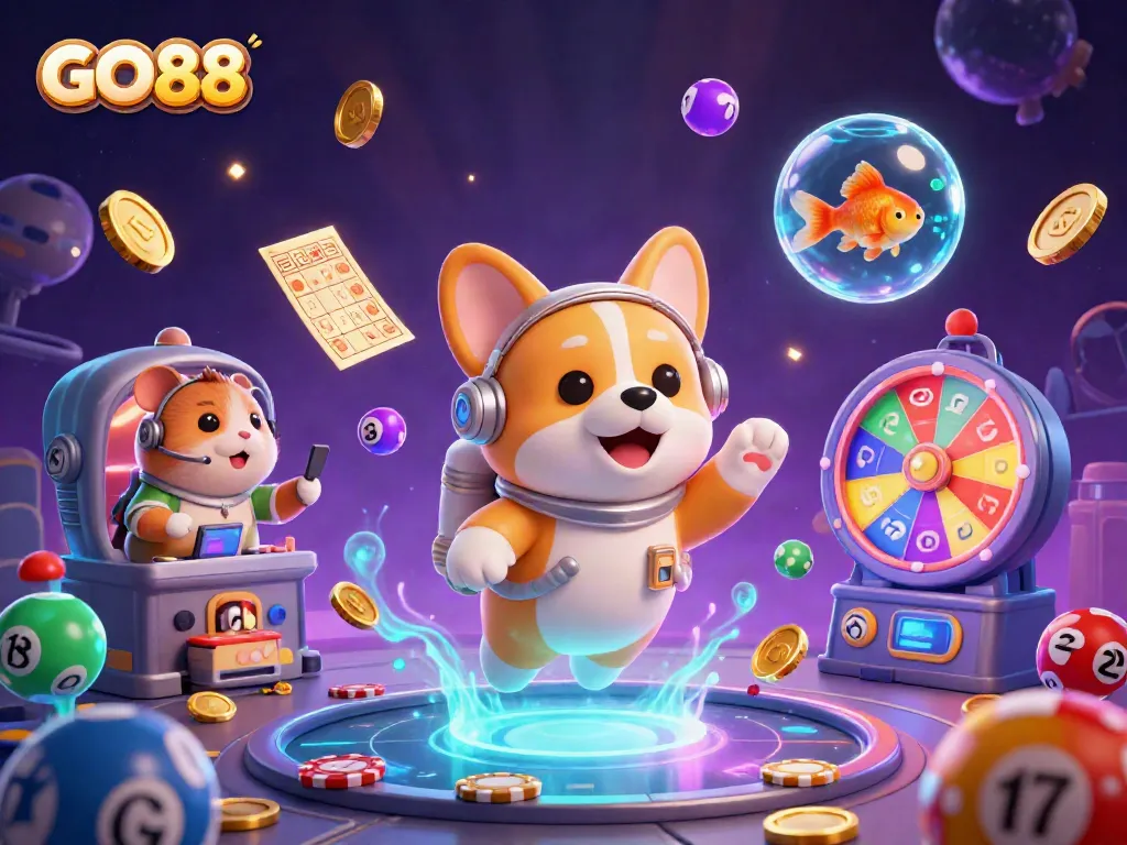 Experience excitement at GO88 with a playful astronaut corgi among floating casino elements.