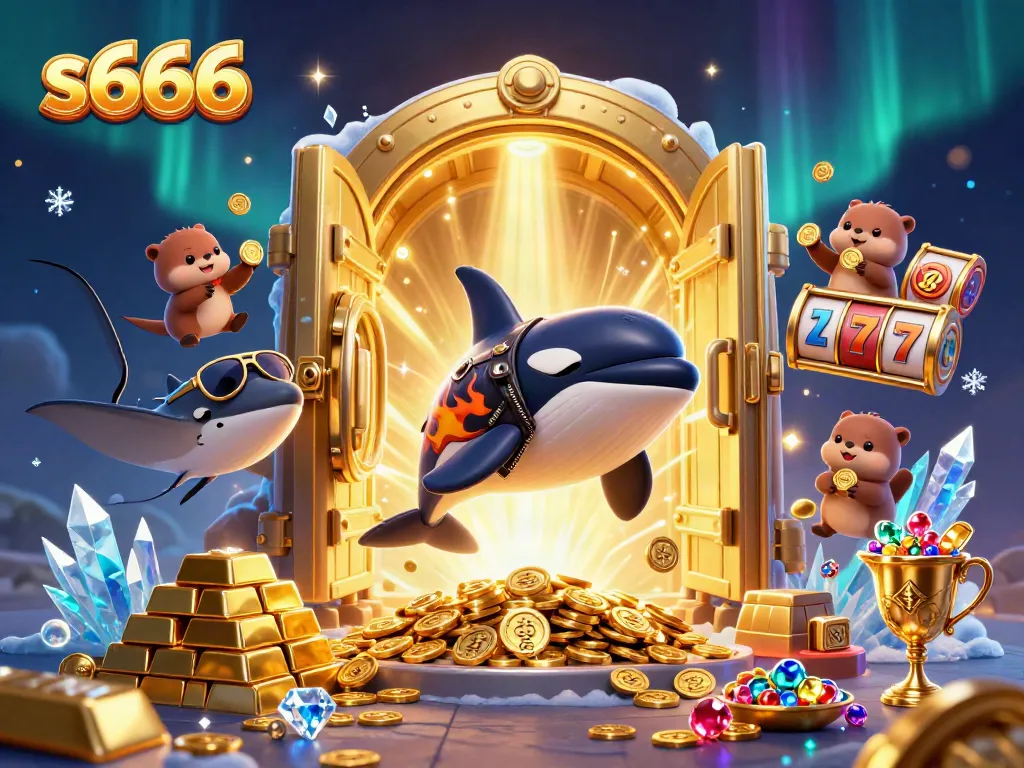 S666 showcases a vibrant scene of cartoon characters engaging in casino activities, including a jumping orca, a stingray, and otters with coins.