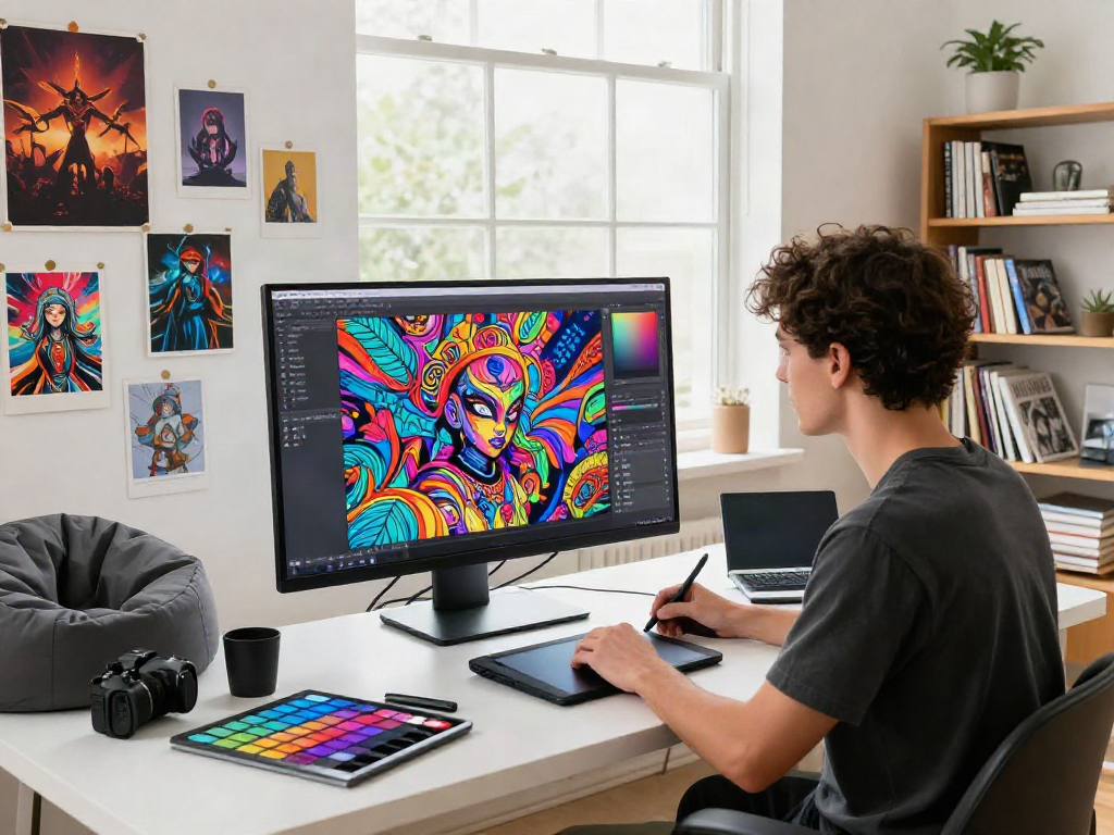 Digital artist creating nsfw ai artwork in a bright, creative workspace with colorful designs and artistic tools.