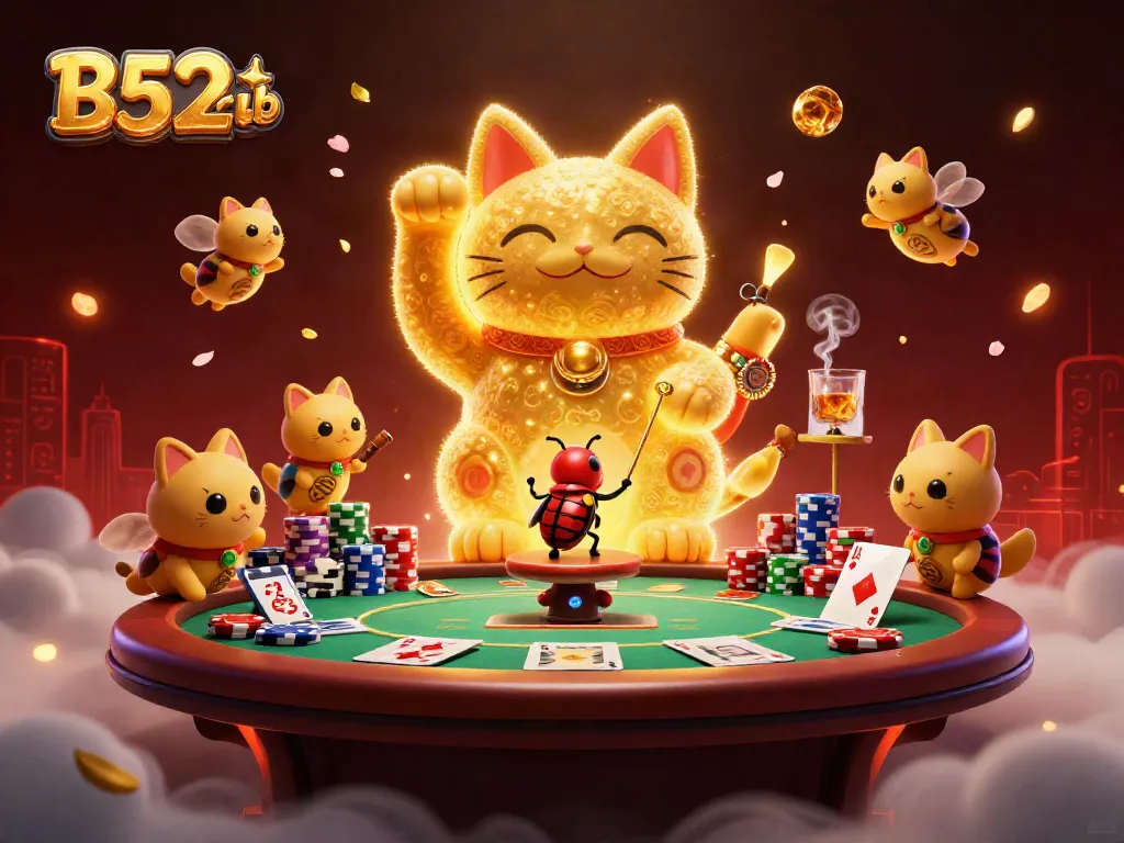 Experience the excitement of B52club with 3D golden fireflies forming a lucky cat at a vibrant casino scene.