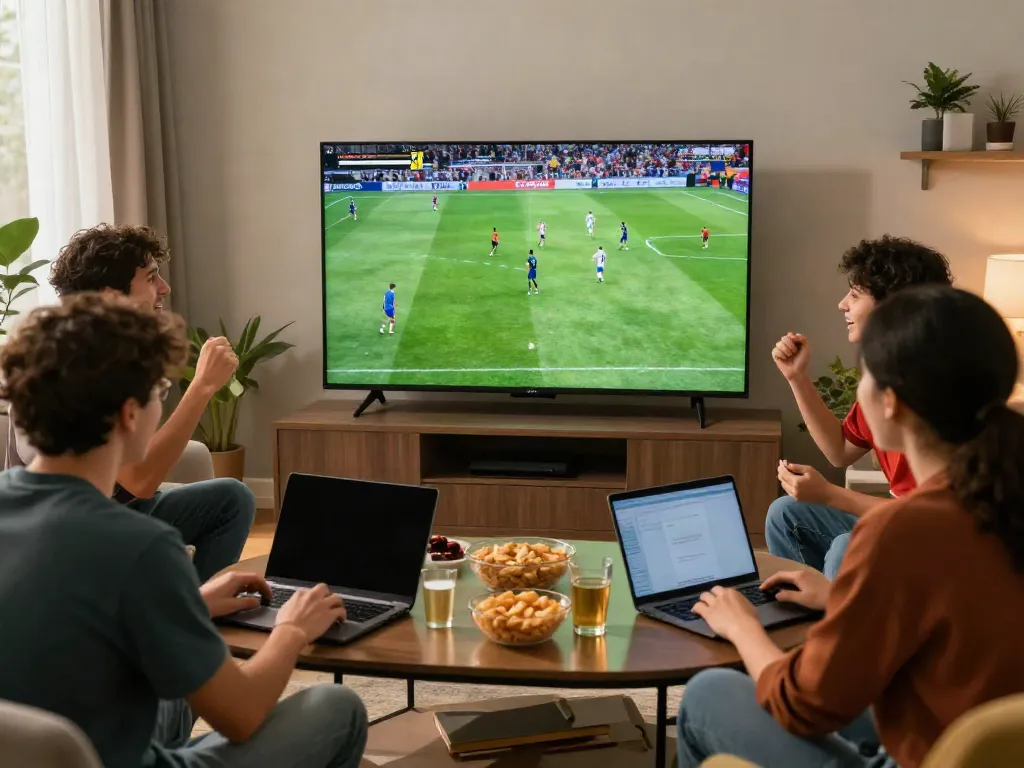 Friends enjoying a live football match on Socolive, engaging and cheering.
