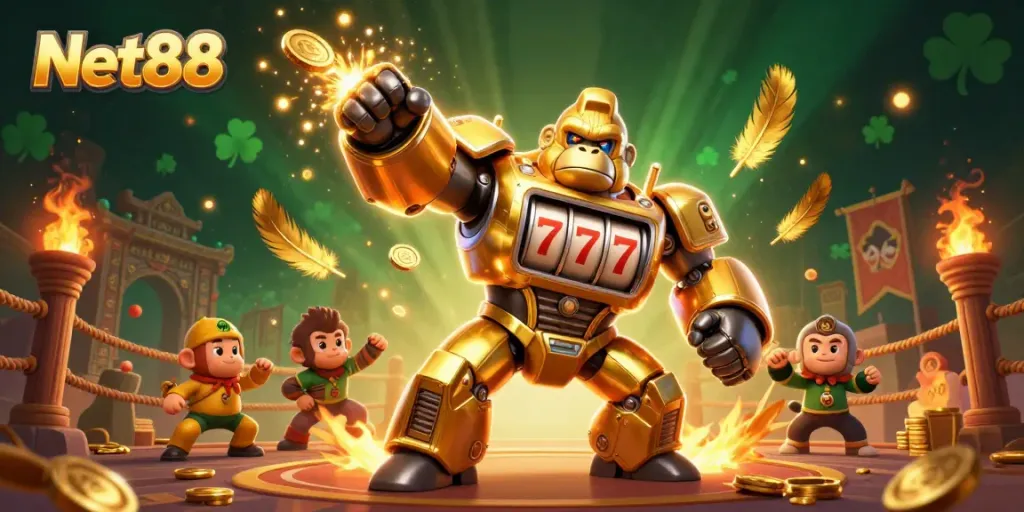 Experience thrilling wins at Net88 with a dynamic casino scene featuring a golden mech and vibrant game elements.