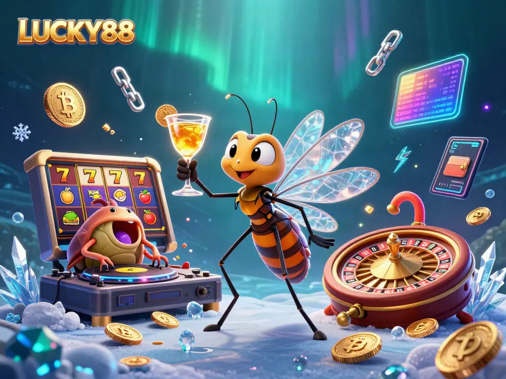 LUCKY88 showcases a vibrant 3D casino scene, featuring a mascot and a DJ amidst glowing cryptocurrency elements.