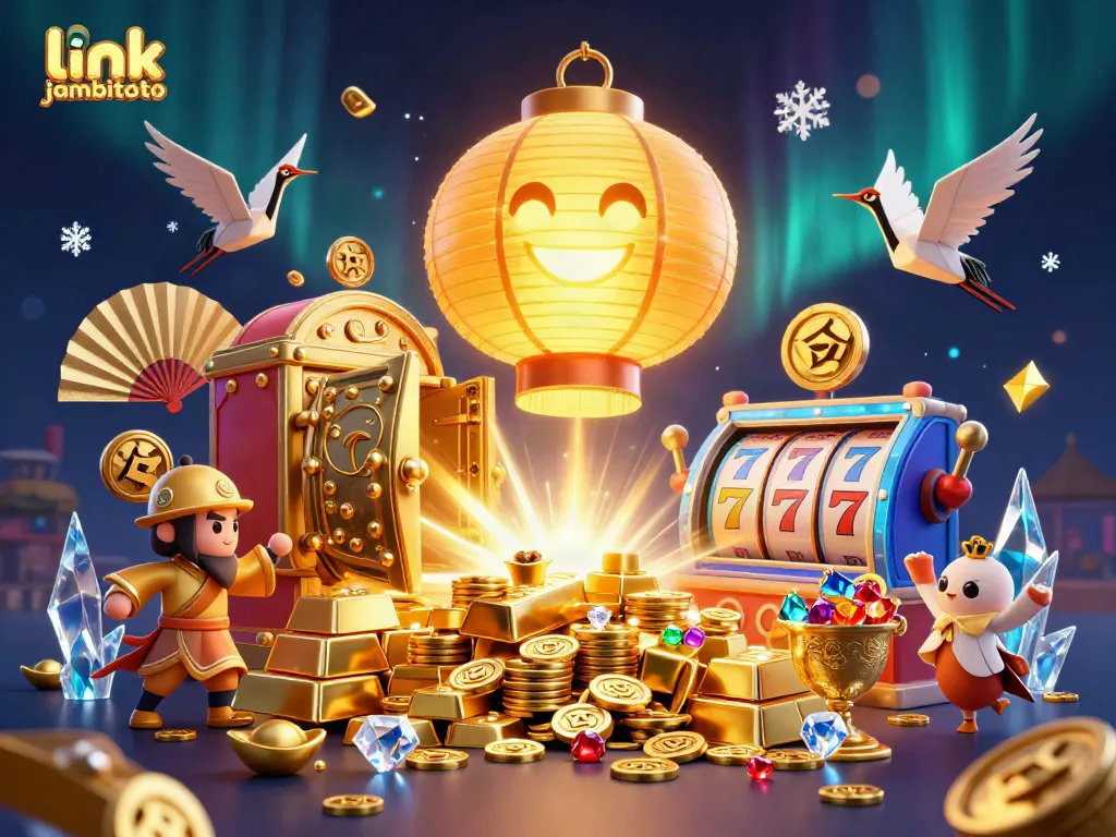 Experience the magic of link jambitoto in this vibrant casino scene with golden lantern spirits and slot machines.