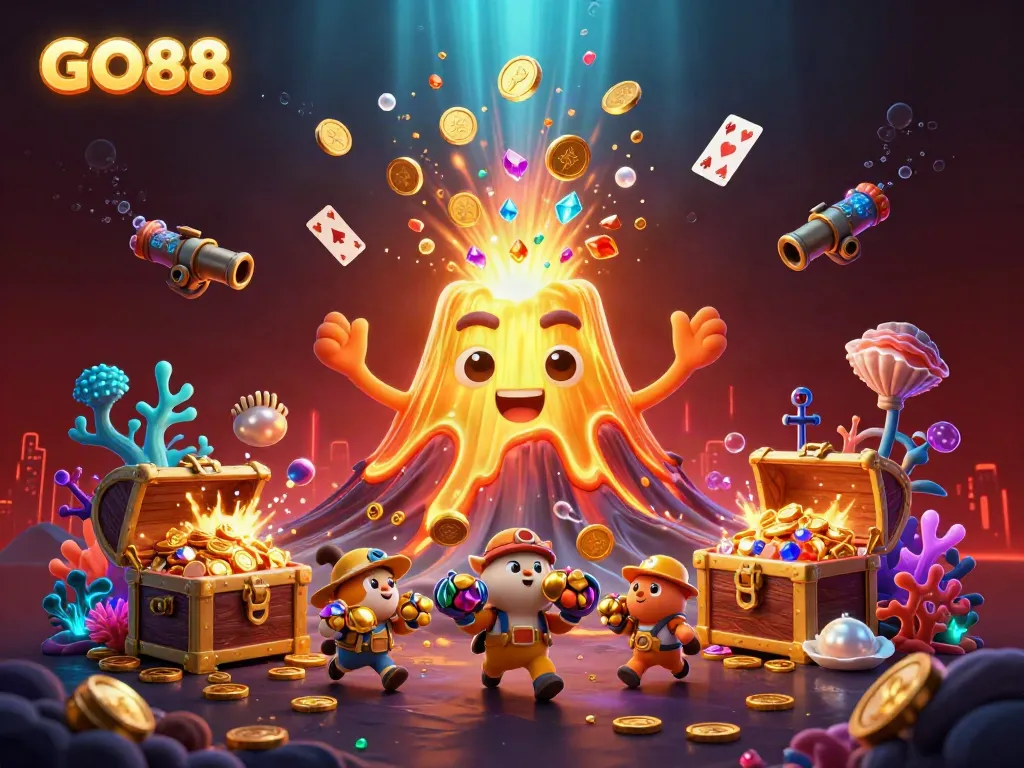Experience gaming excitement at GO88 with a glamorous eruption of treasure and adventure in a vibrant casino scene.