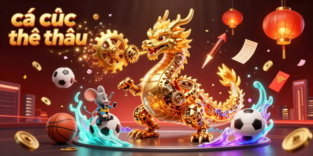 Engage in cá cược thể thao with dynamic sports elements, featuring a golden dragon among footballs and trophies.