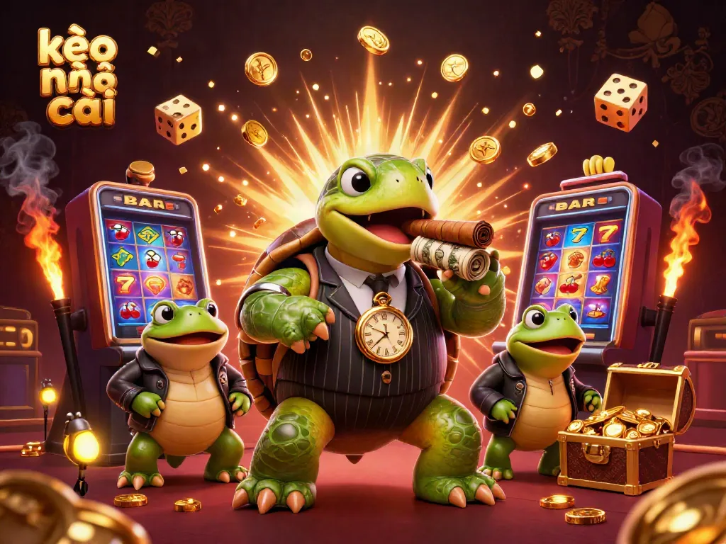 Experience the excitement of kèo nhà cái with a vibrant scene featuring a cartoon turtle mobster and frog enforcers amidst casino elements.