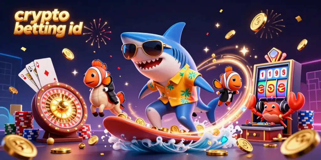 Catching the thrill of crypto betting id with cartoon characters surfing gold waves and vibrant gaming elements.