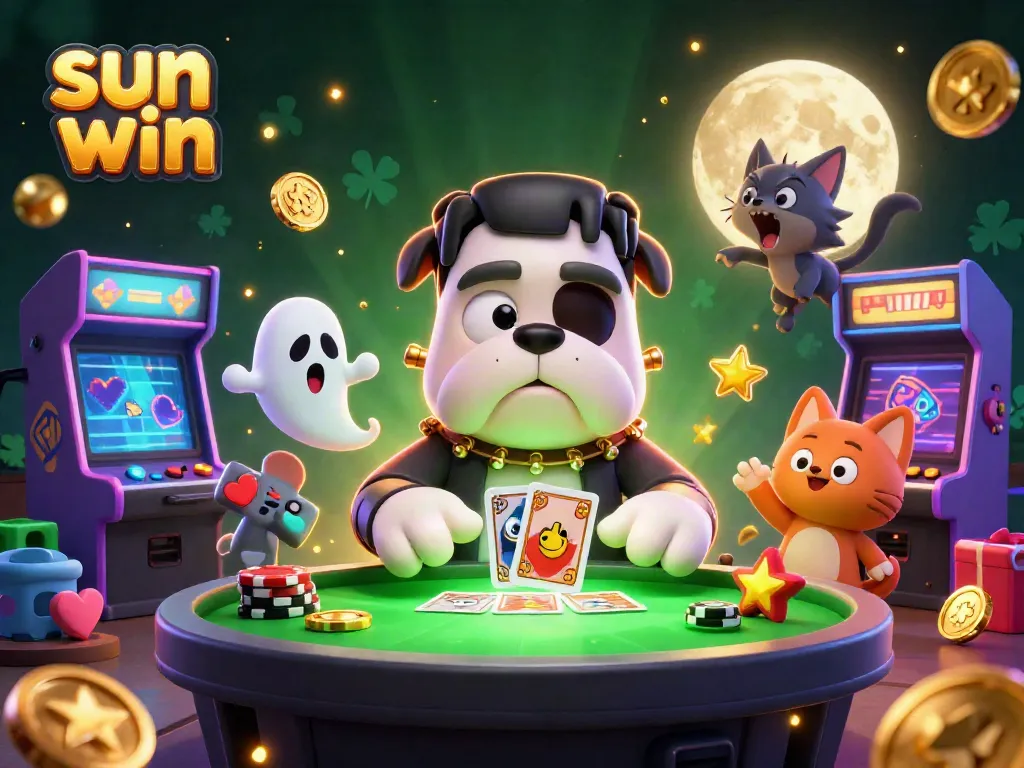 Engage with sun win at a lively casino scene where a cartoon bulldog deals cards amidst vibrant game elements.