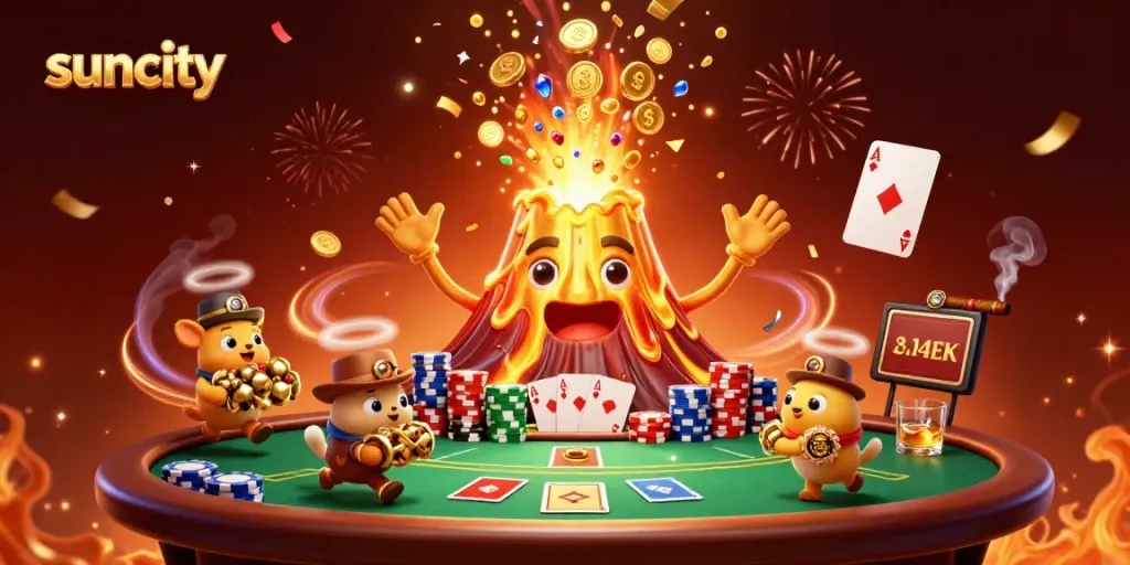 Engage in thrilling gameplay at Suncity with a captivating casino scene featuring a golden volcano erupting treasure.