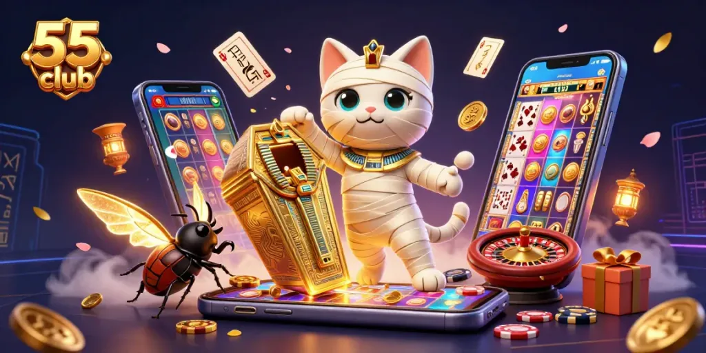Play exciting games at 55 club featuring a mystical mummy cat in a vibrant casino scene.