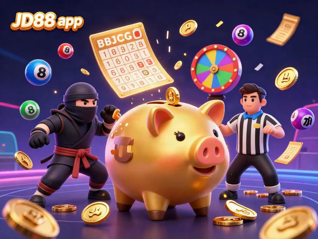 Experience the thrilling JD88 app with the golden piggy bank sumo wrestler and exciting lottery elements in action.
