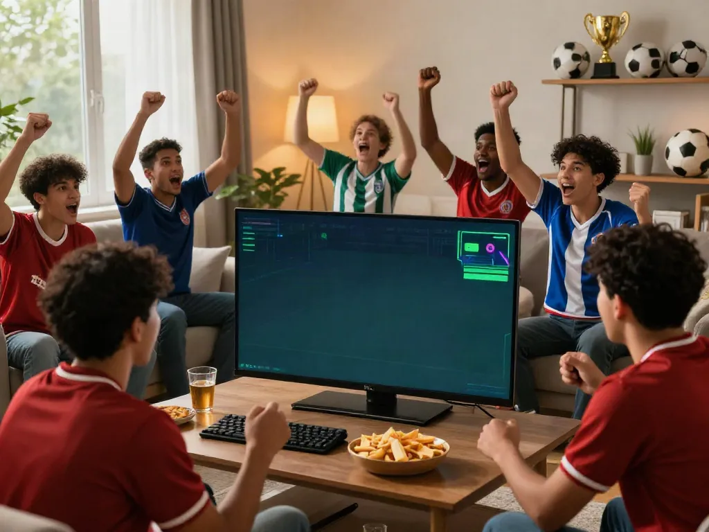 Group of football fans enjoying a match live on Thapcamtv with a cozy atmosphere.