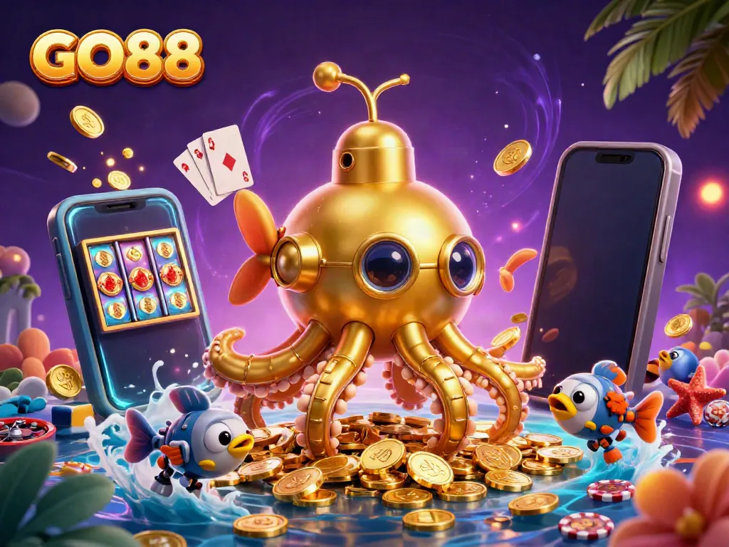 Experience the excitement of GO88 with a golden kraken submarine amid vibrant casino games.