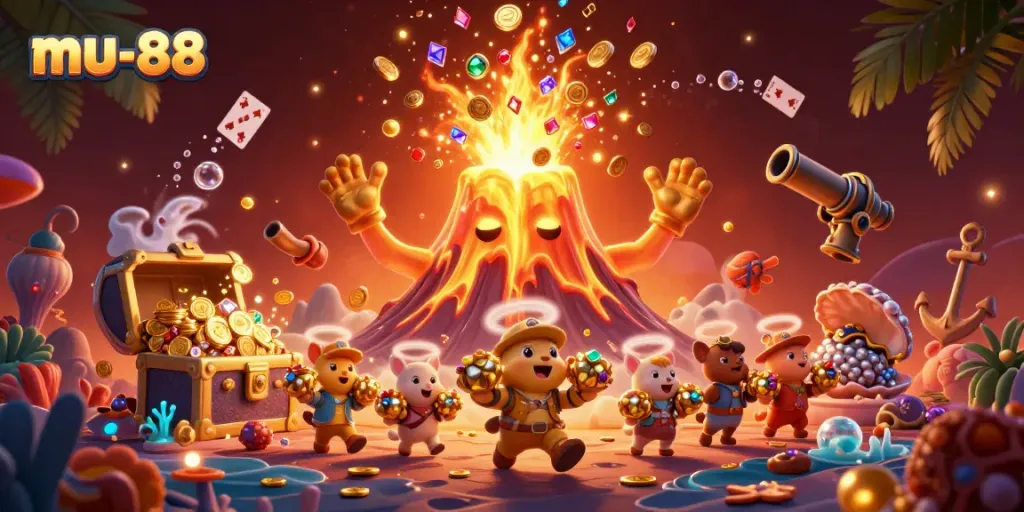 Experience the thrill of mu-88 with a vibrant scene of treasure and casino elements.