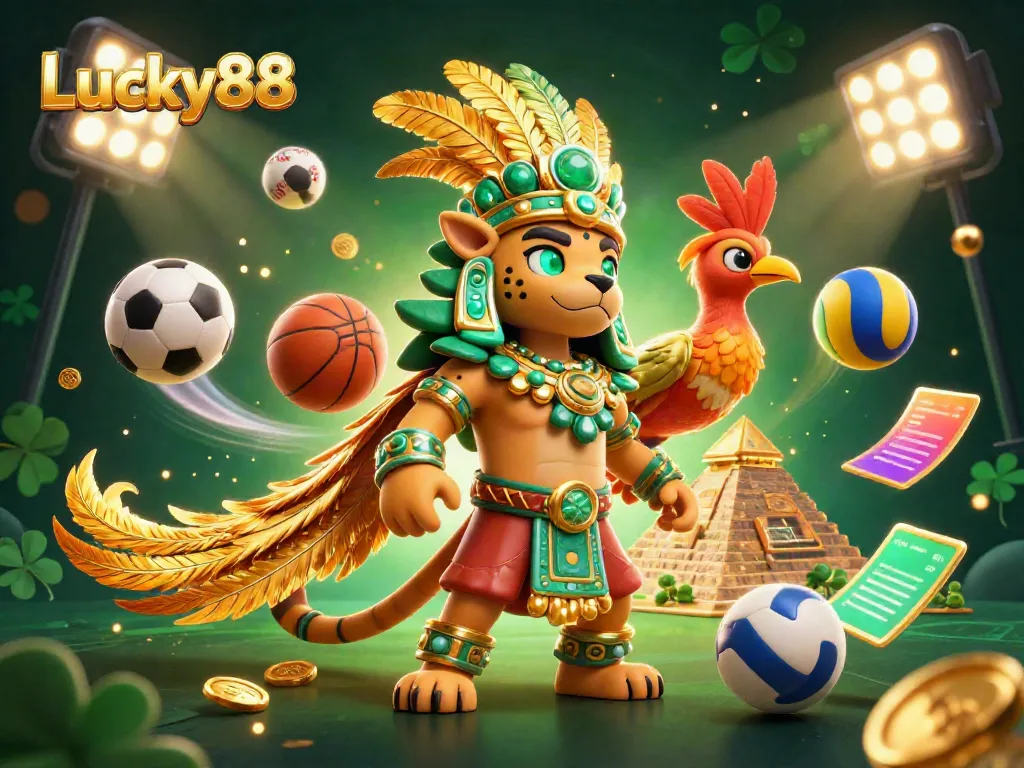 Experience thrilling gameplay at Lucky88, featuring an engaging scene with Mayan priest, quetzal bird, and dynamic sports elements.