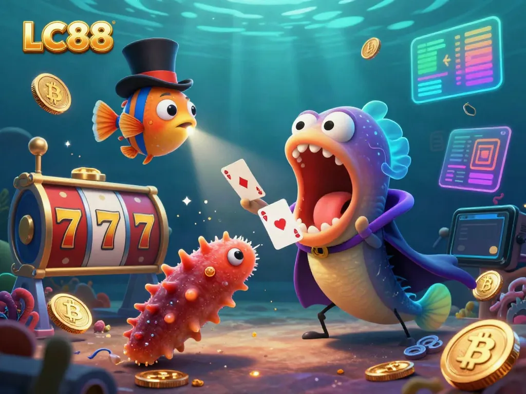 Engage with thrilling card tricks at LC88 casino with vibrant slot reels and glowing crypto coins.