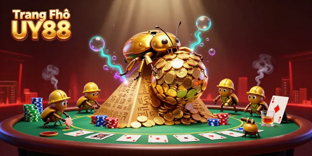 Immerse in Trang Chủ UY88's vibrant casino experience featuring dynamic elements of poker and gold treasures.