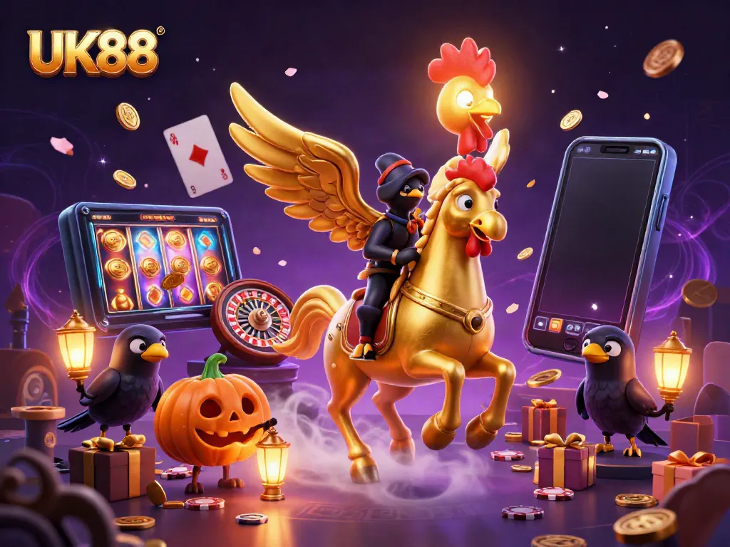 Experience thrilling play at UK88 with a golden rooster and friends in an enchanting casino setting.