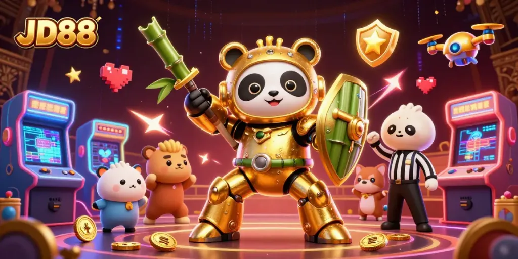 Engage in vibrant JD88 casino battles with a golden panda mech and arcade games.