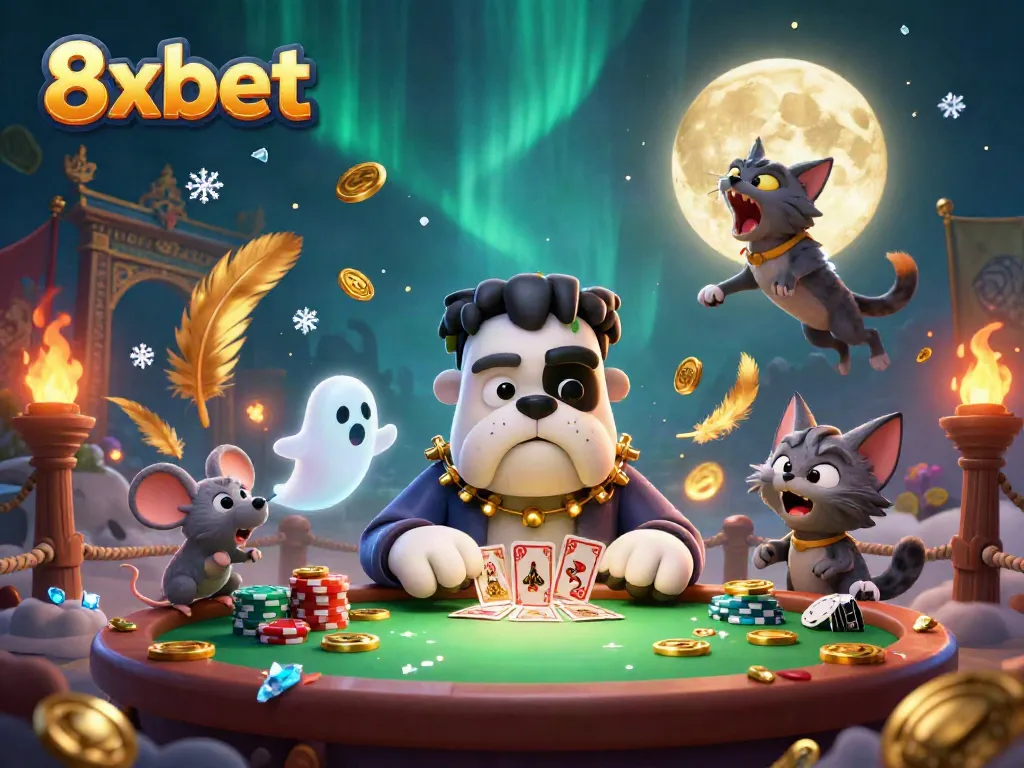 Engage in thrilling card games with 8xbet's unique cartoon characters at a bustling casino.