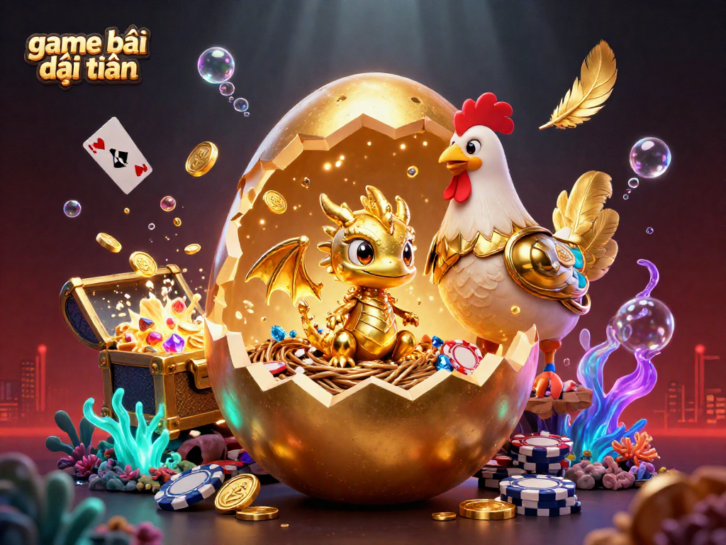 Engage in thrilling game bài đổi thưởng as the golden dragon emerges from an egg amidst treasures and colorful elements.
