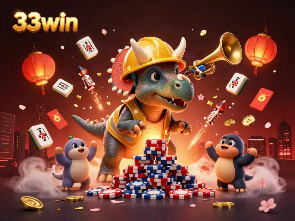 Experience thrilling gaming excitement at 33win with a vibrant 3D illustration of casino characters and elements.