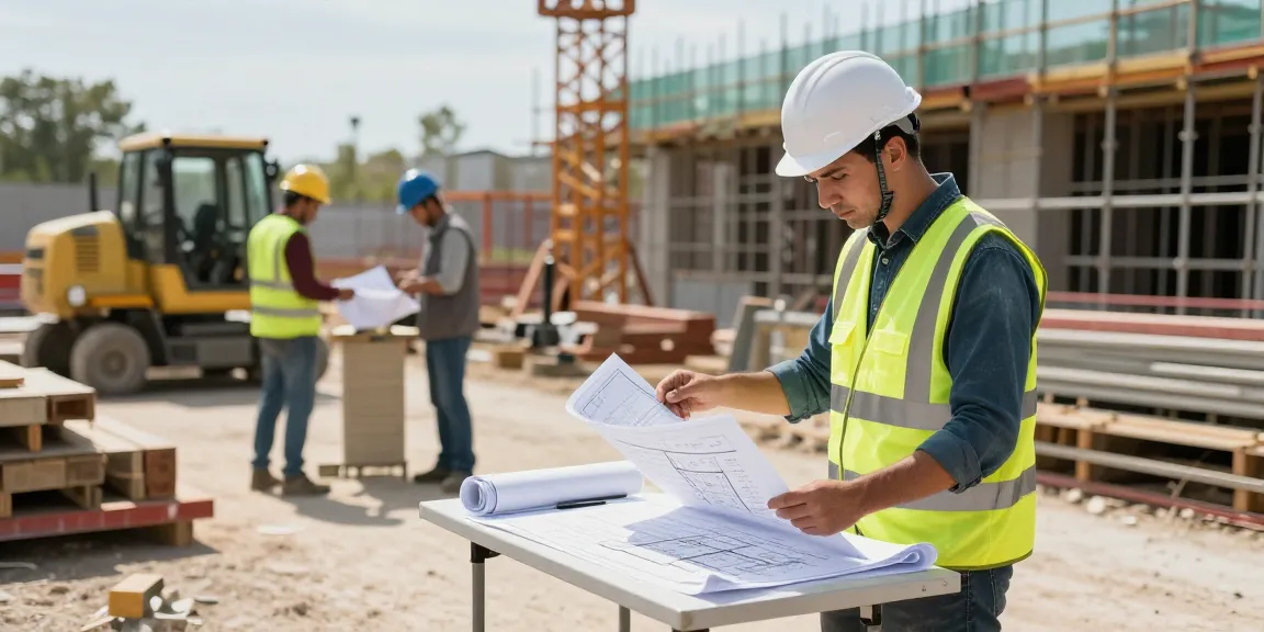 Freelance quantity surveyor reviewing project plans at a construction site with workers in the background.