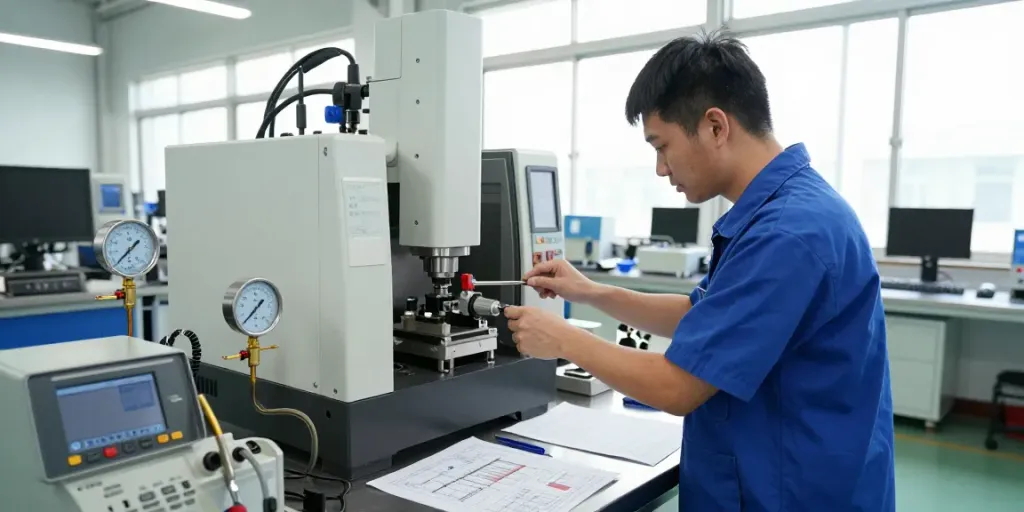Technician adjusting a mechanical vacuum switch in a bright industrial workspace.