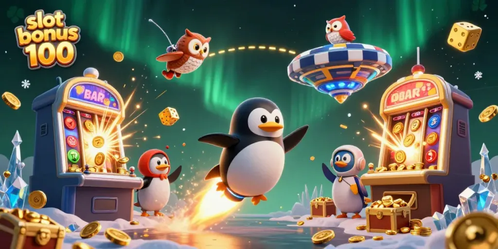 Unleash your luck with slot bonus 100, featuring a penguin and a vibrant casino scene filled with jackpots.