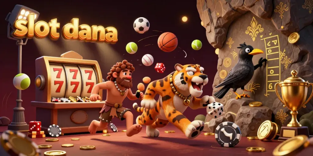 Experience thrilling gameplay in slot dana, featuring a fun caveman and tiger duo in a vibrant casino scene.