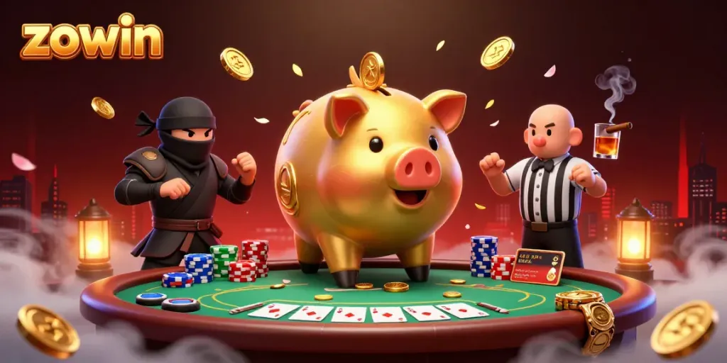 Engage with zowin as a golden piggy bank sumo wrestler stomps coins amidst a lively poker scene.