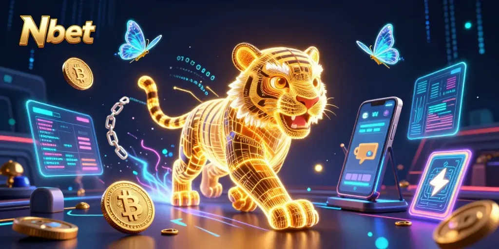 Nbet showcases a vibrant digital casino scene with a neon tiger and crypto elements sparking excitement.