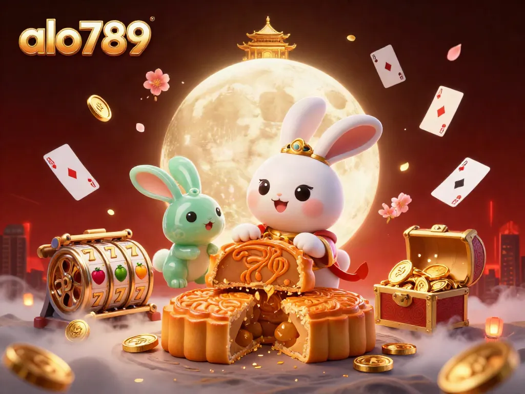 Join the fun at alo789 with a vibrant casino scene where a moon rabbit reveals poker chips.