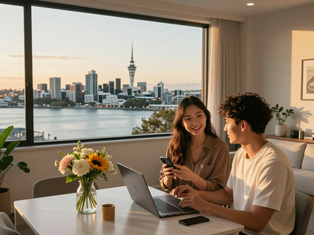 A couple discussing airbnb management auckland strategies in their modern rental with stunning views.