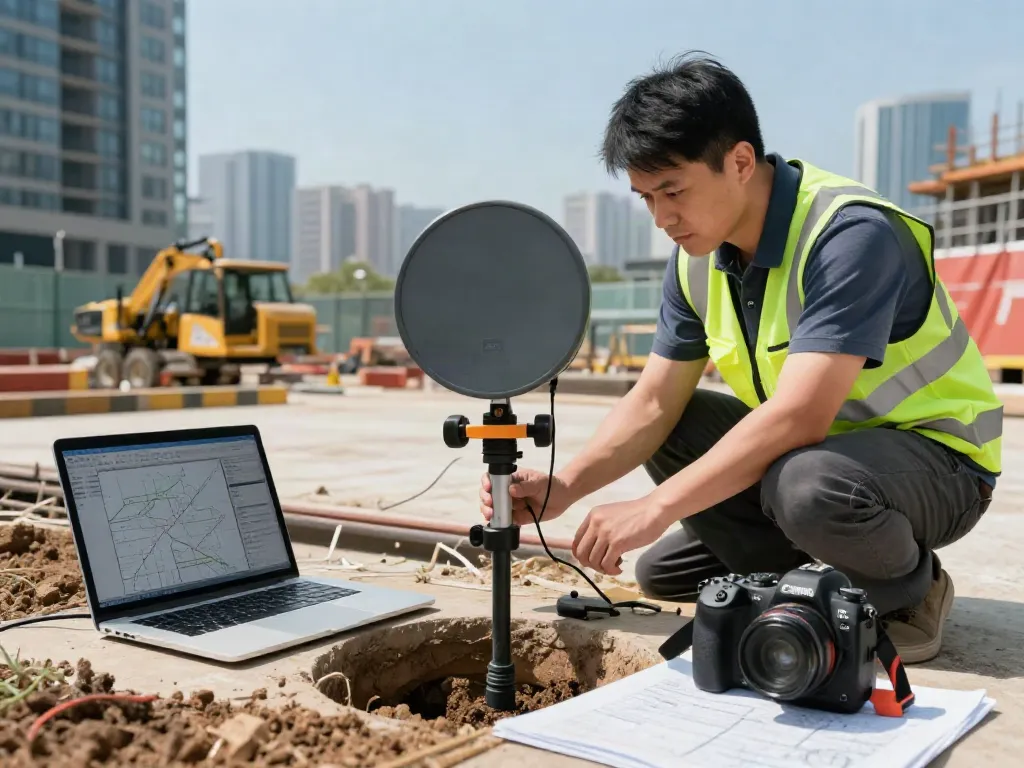 Utility Mapping London professional using GPR for underground surveys at a construction site