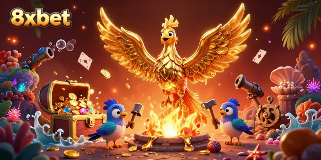Experience the thrill of winning at 8xbet with a vibrant 3D golden phoenix and treasures at play.
