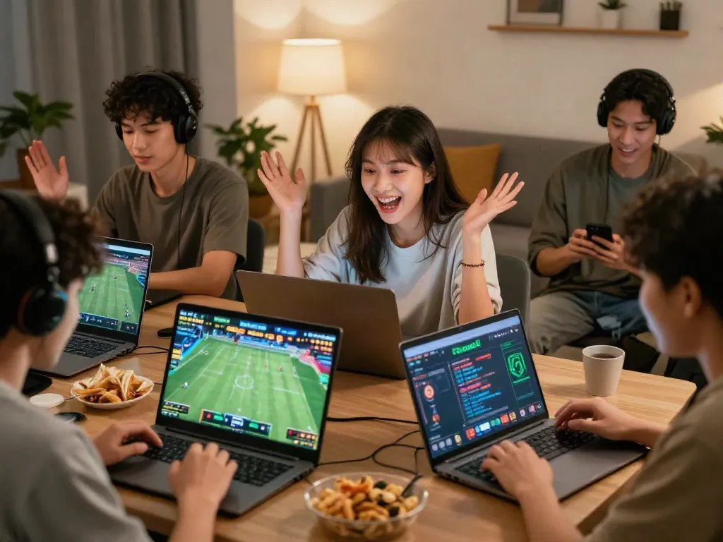 Excited players engaging with Gem88's online gaming platform in a cozy environment.