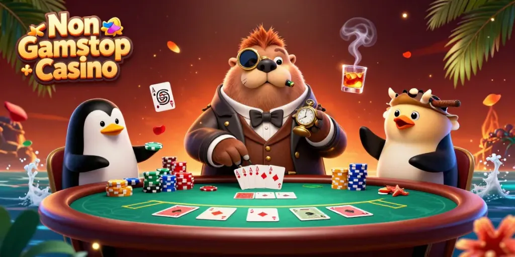 Witness a jolly walrus playing poker at a vibrant Non Gamstop Casino with dynamic gaming elements.