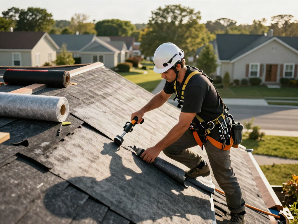 Felt roof installation with a professional roofer working under natural sunlight, showcasing quality materials and safety.