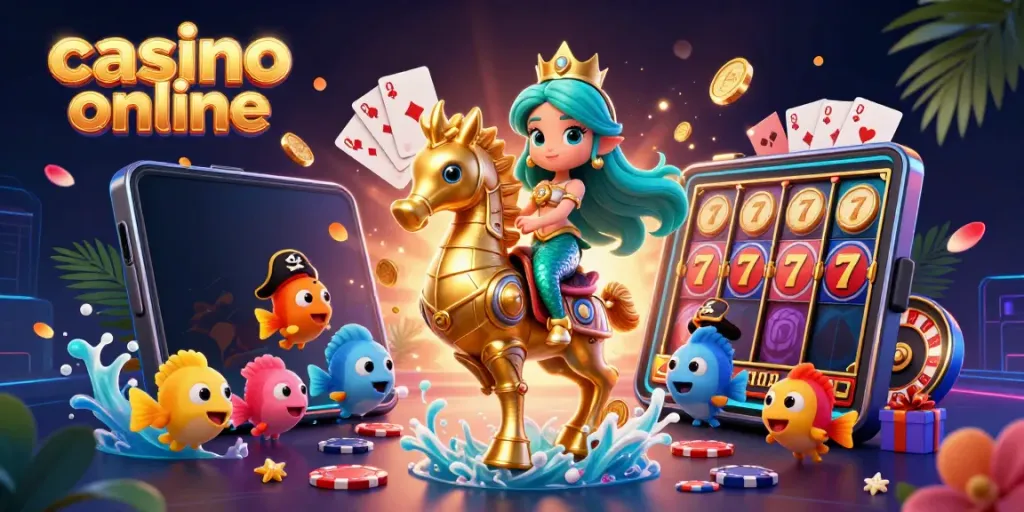 Experience the vibrant world of casino online with a mermaid princess, seahorse, and dazzling game elements.