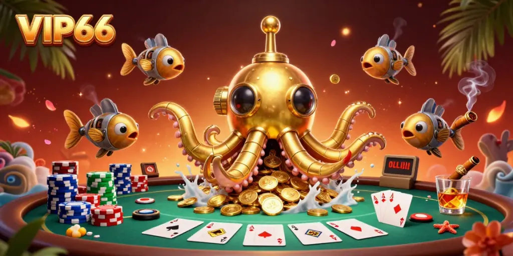 Experience thrilling gameplay at VIP66 with a golden kraken submarine amidst poker elements.