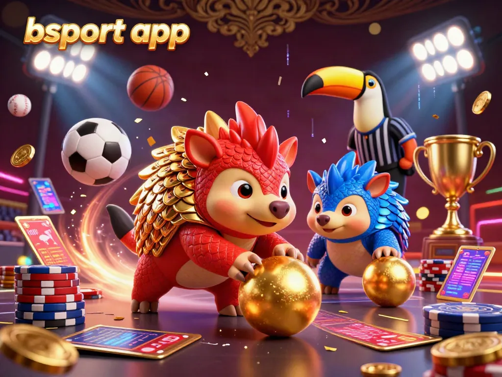 Experience the excitement of the bsport app with pangolins bowling through poker chips amidst vibrant sports elements.