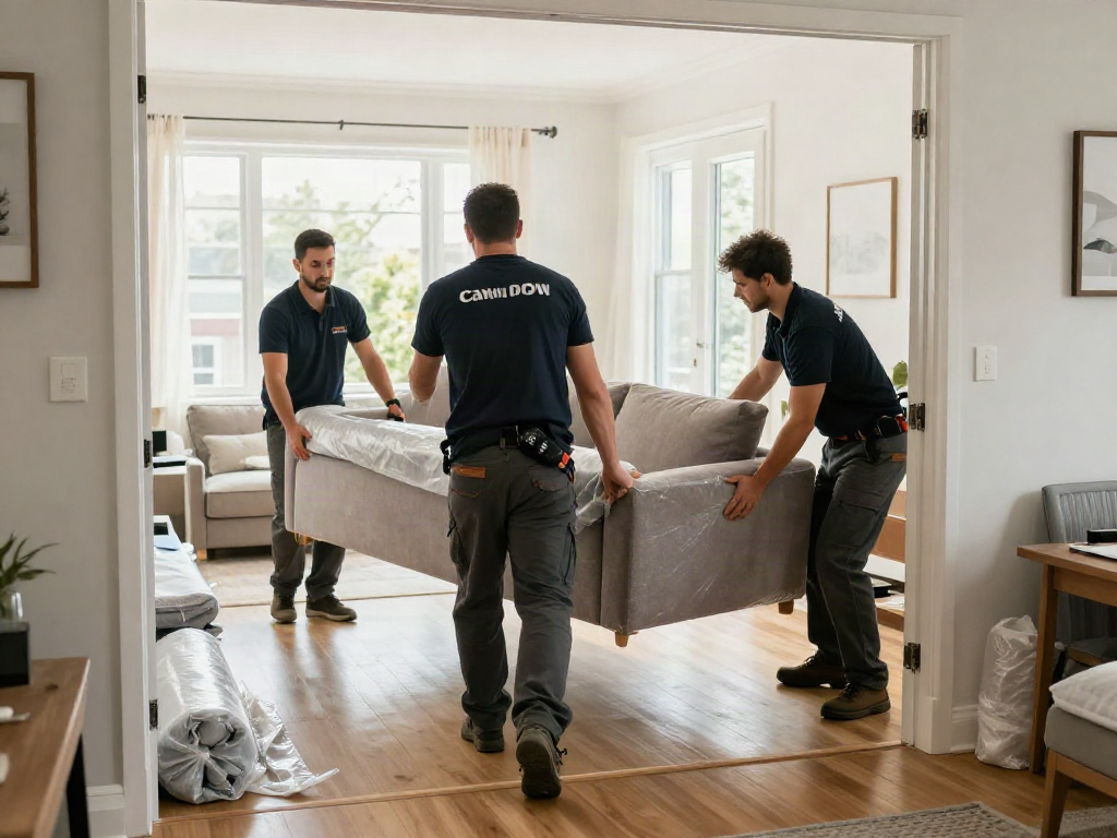 Furniture movers expertly navigating a sofa through a doorway in a modern home, showcasing teamwork and professionalism.