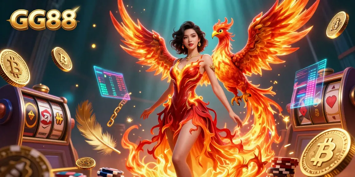 Experience the excitement at GG88's casino with dynamic slots and a stunning fire-themed illustration.