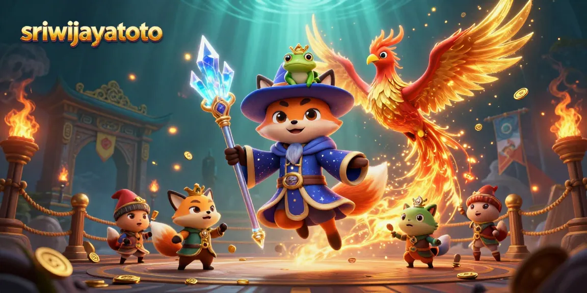 Sriwijayatoto showcases a mystical gaming scene with a wizard fox, phoenix, and golden casino elements.