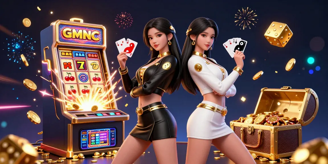 Engage with GMNC casino excitement as twin Asian women showcase thrilling card action amidst vibrant slot machine chaos.